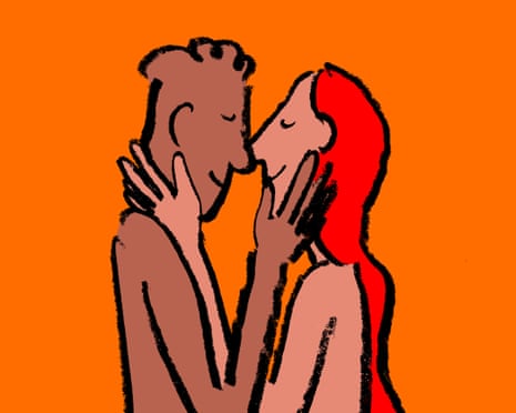 Illustration of a couple embracing and about to kiss against an orange background