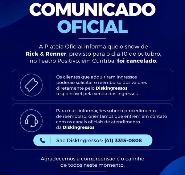 Após morte de Rick, show de Renner é cancelado em Curitiba