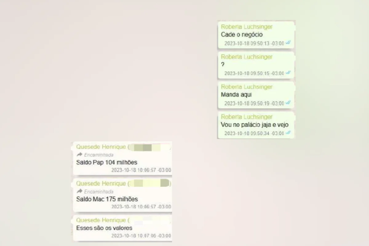 Quesede Ayres envia mensagens à lobista RobertaLuchsinger em 18.out.2023