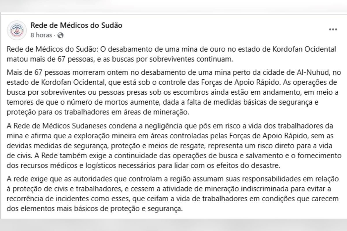 Desabamento de mina de ouro deixa mais de 60 mortos no Sudão