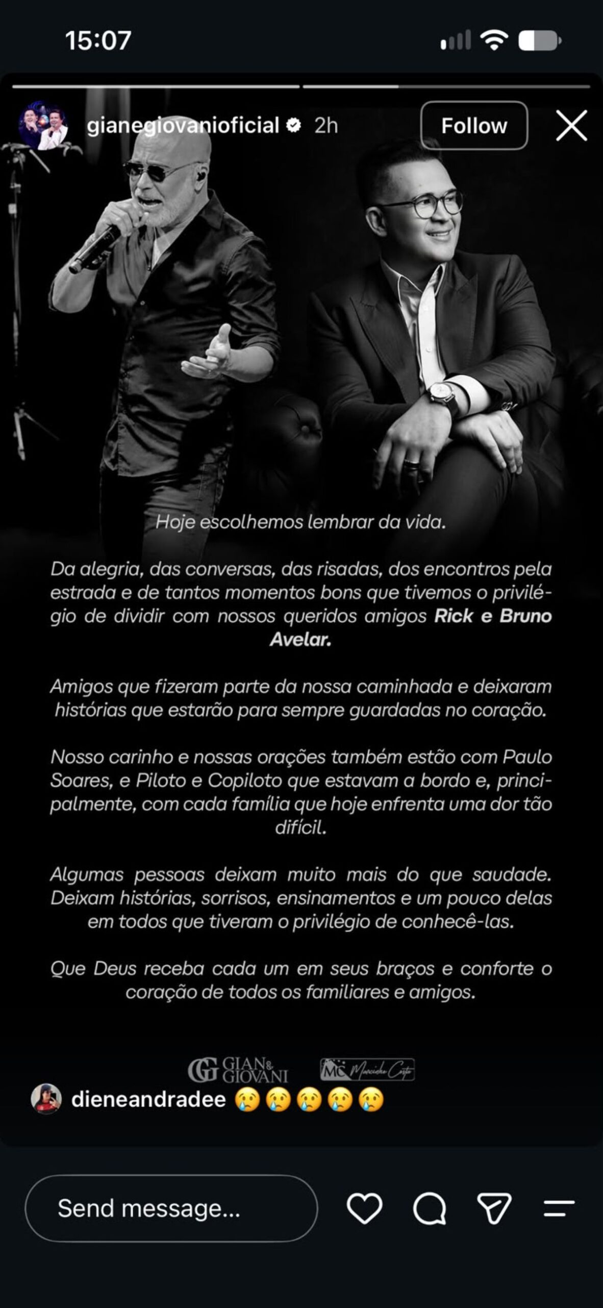 Ex-dupla de Rick, Giovani lamenta morte do cantor em queda de helicóptero