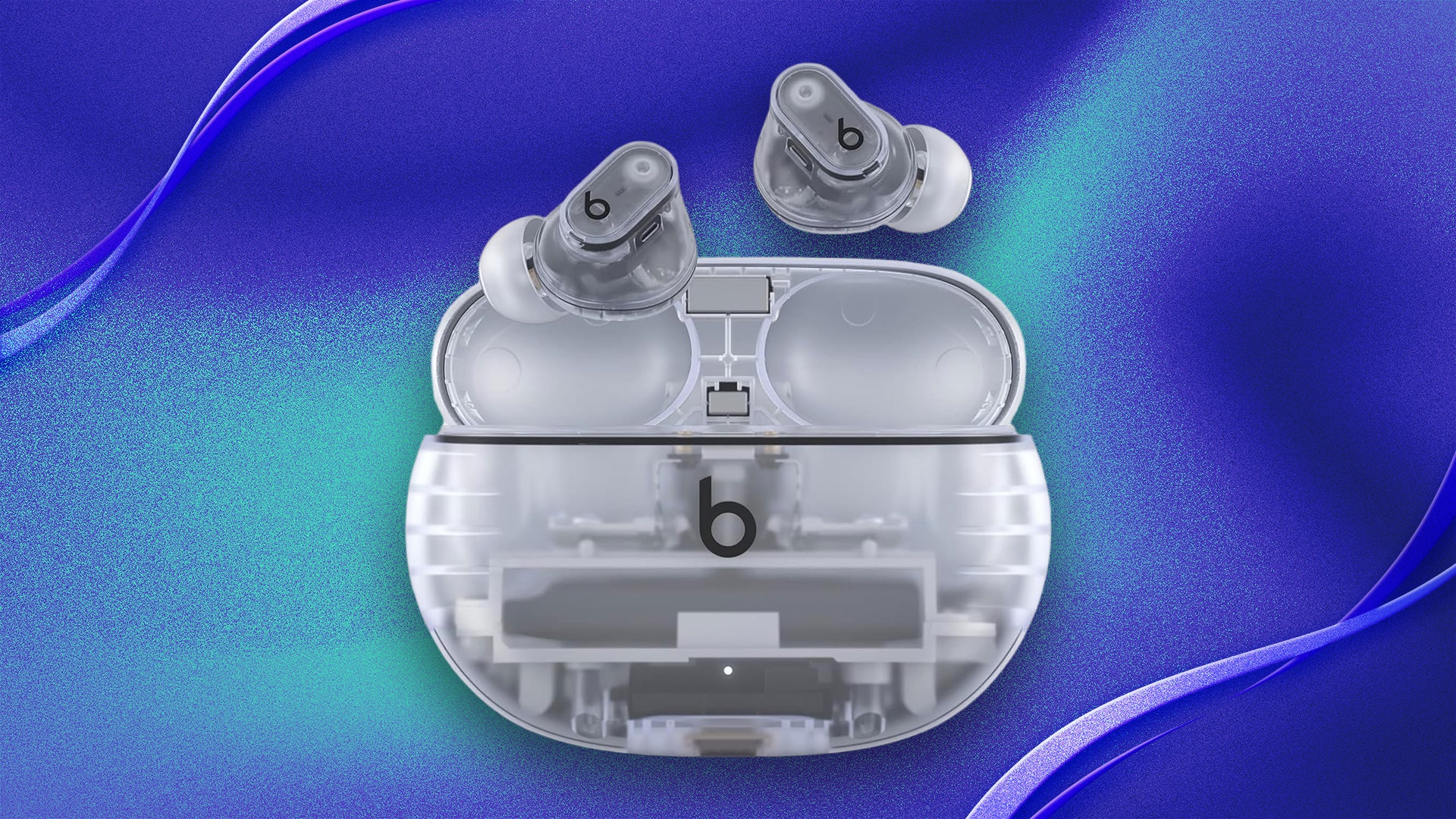 Clear Beats Studio Buds Plus on a blue background