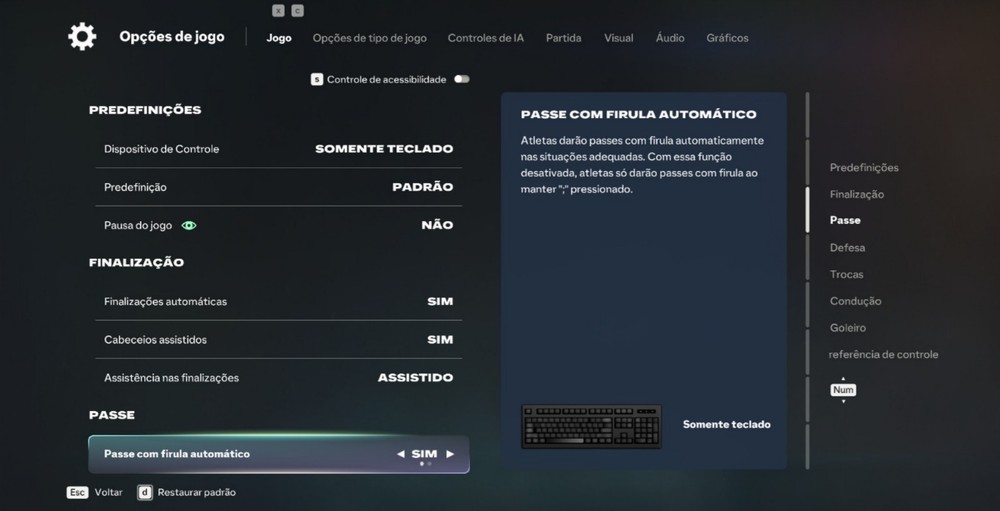 É possível ativar a assistência do sistema para finalizar e dar passes em EA FC 27 — Foto: Reprodução/Róbson Martins