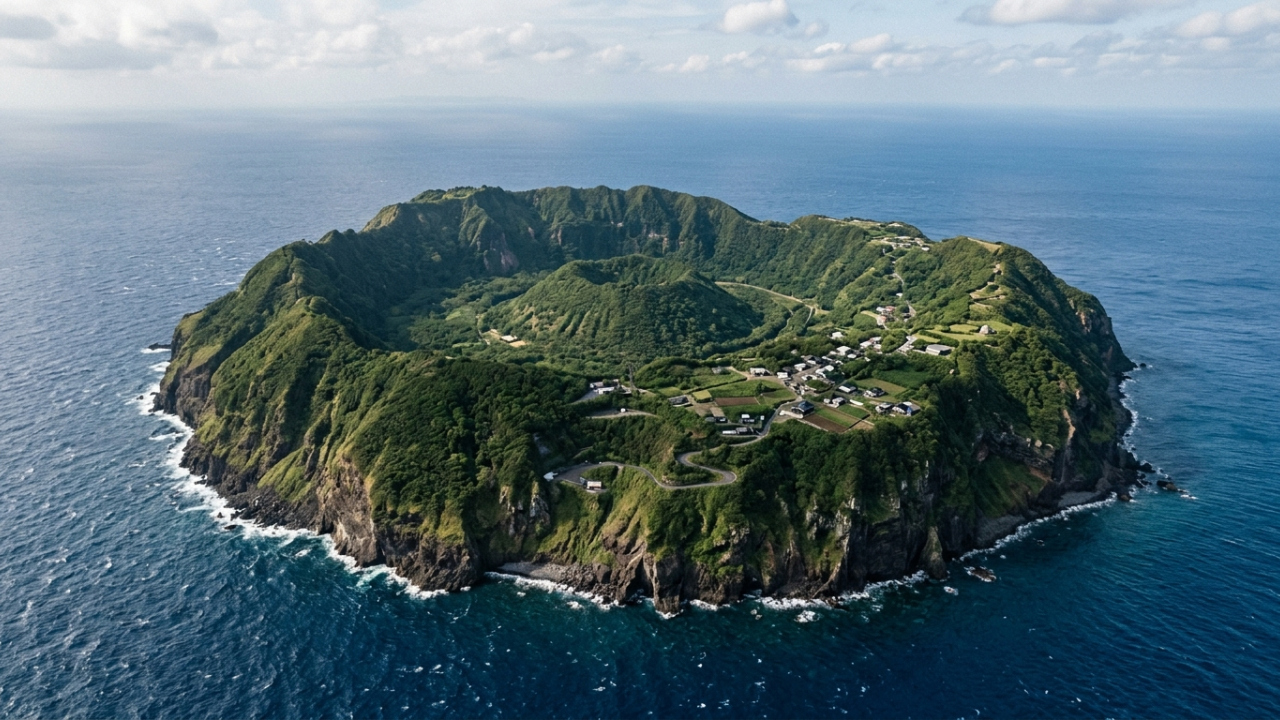 O povoado japonês construído numa ilha que é uma cratera vulcânica emergindo do oceano, onde o vapor da terra pode cozinhar alimentos