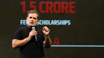 Lok Sabha LoP and Congress MP Rahul Gandhi speaks during the 'Chhatron Ki Goonj' programme, in Indore on Saturday. (@INCIndia/X)