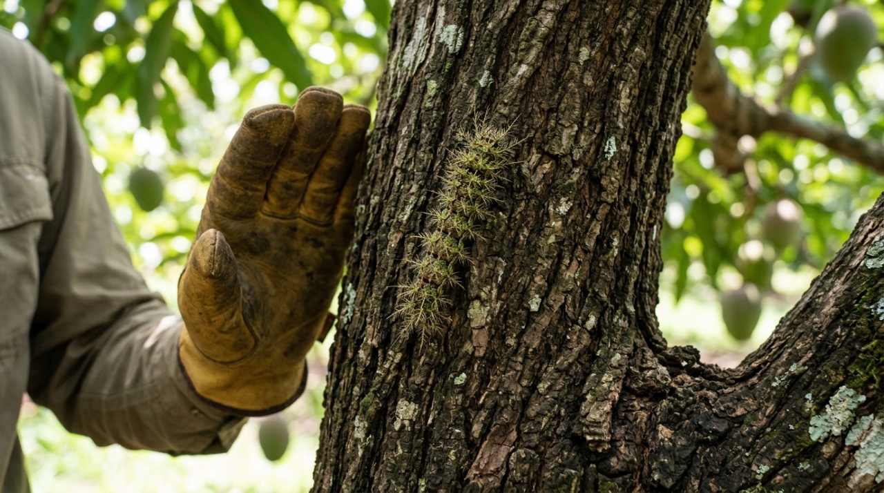 Jardineiro que cuida de pomar há anos avisa sobre a taturana: a lagarta com espinhos que aparece no tronco na primavera não deve ser tocada nem esfregada depois do contato, o certo é lavar com água corrente e procurar atendimento, porque uma espécie do Sul pode causar alteração na coagulação