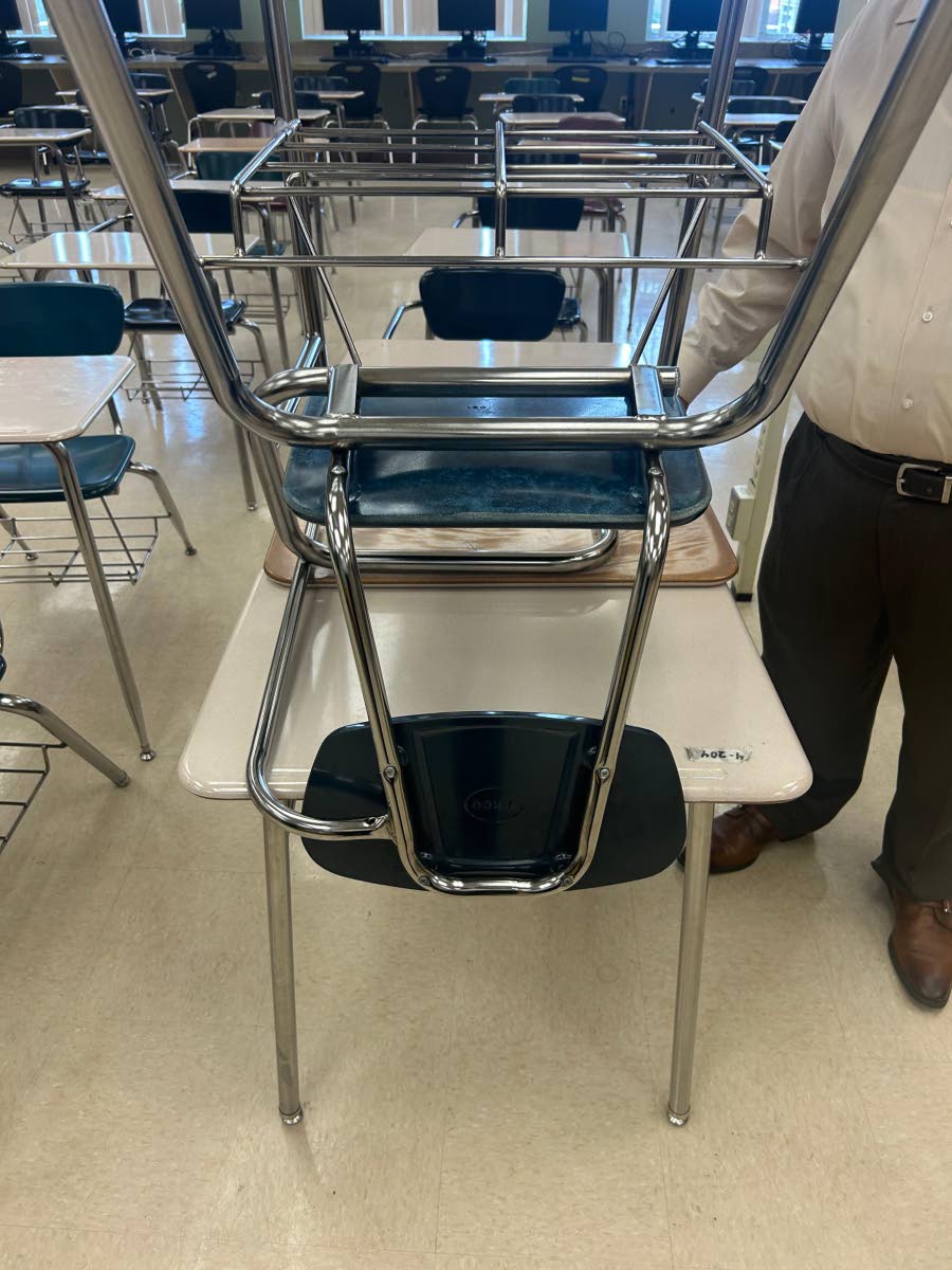 Reclaimed and donated furniture shipped to a western Jamaica school and that are in use in classrooms that were renovated after Hurricane Melissa.