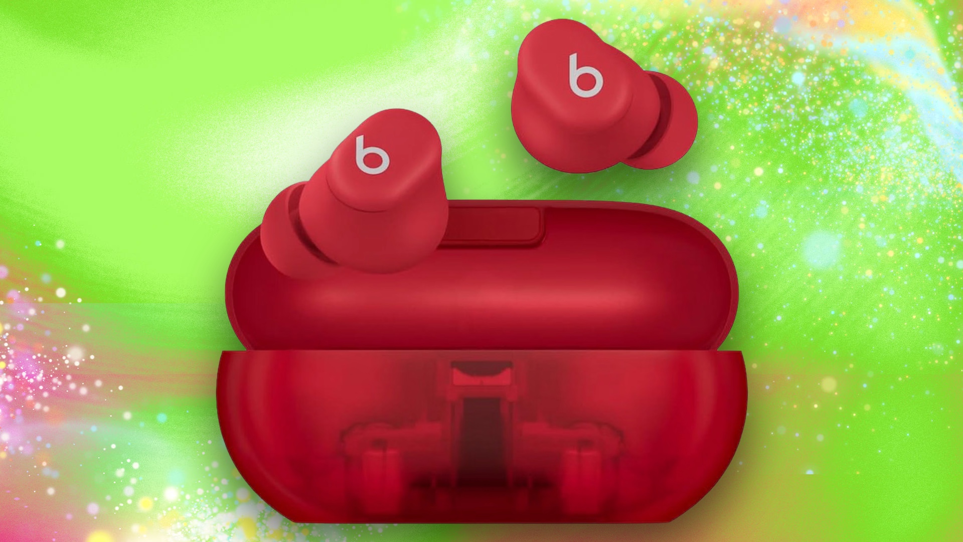Beats Solo Buds in red on a green background