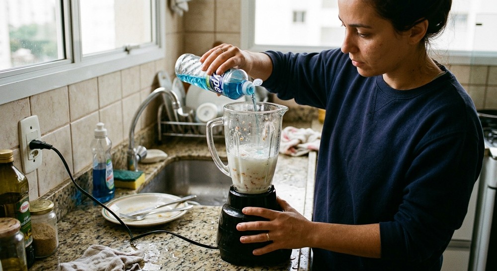 Mulher realizando truque para limpar o liquidificador — Foto: Imagem gerada por IA