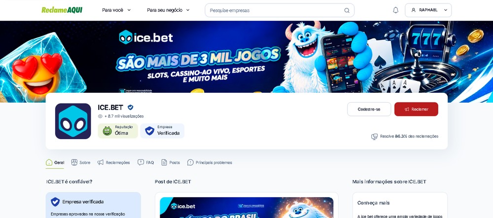 No Reclame Aqui, a Ice Bet aparece com reputação “Ótima” e índice de solução de 86,3% no período analisado — Foto: Reprodução/Reclame Aqui