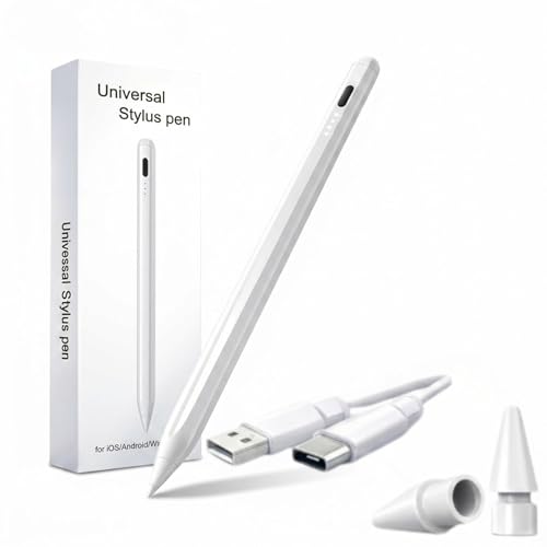 Caneta Touch Universal Stylus para Tablet iPad Android, Ponta Fina de 0.9mm Alta Precisão, Carregamento USB-C com Indicador LED de Bateria, Magnética - Premium Pencil Branca Duas Pontas