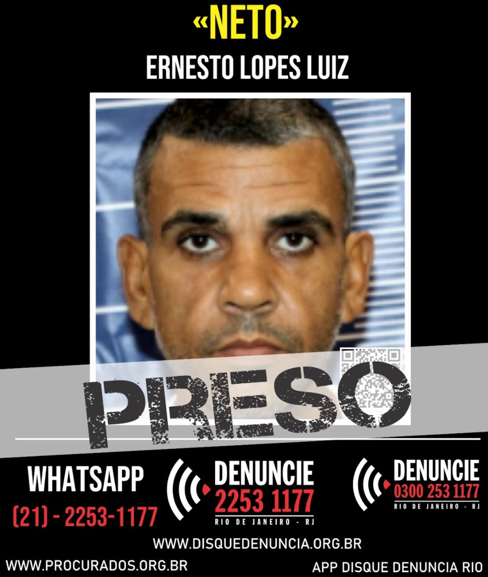 "Neto" acumula oito registros criminais, sendo cinco por roubo majorado, além de receptação e tráfico Reprodução/Disque Denúncia