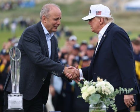 Ireland’s taoiseach, Micheál Martin, and Donald Trump at the trophy presentation of the Irish Open in Doonbeg on Sunday.