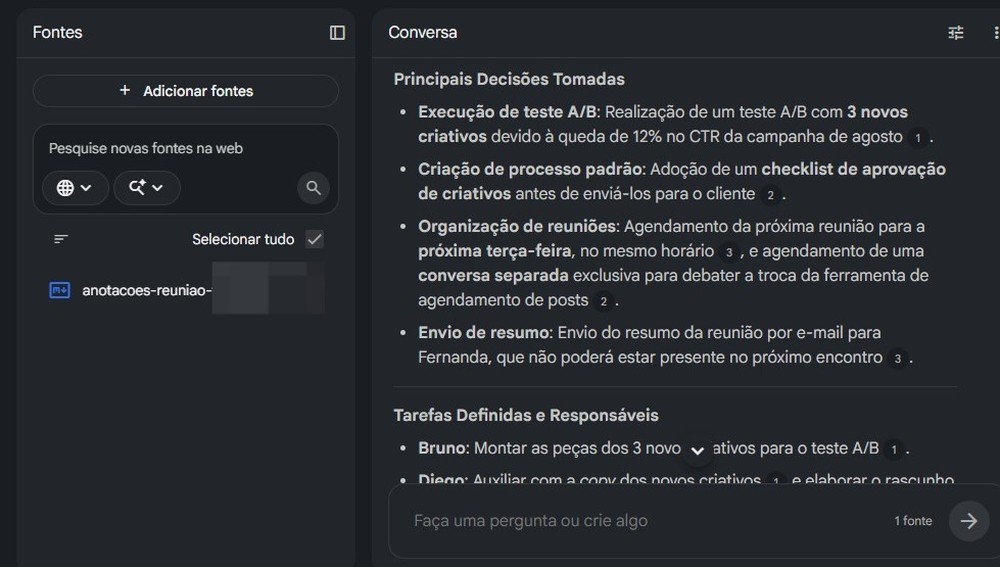 Gemini Notebook (antigo NotebookLM) organiza atas, a transcrições e anotações soltas de uma reunião — Foto: Diedrich Bader/TechTudo