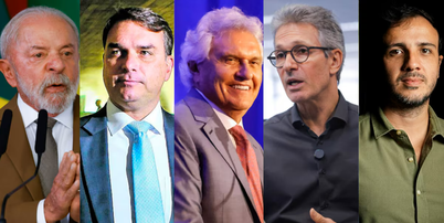 Lula (PT), Fl&aacute;vio Bolsonaro (PL), Ronaldo Caiado (PSD), Romeu Zema (Novo) e Renan Santos (Miss&atilde;o), candidatos &agrave; Presid&ecirc;ncia da Rep&uacute;blica Foto: Wilton Junior/Tiago Queiroz/Cau&ecirc; Del Valle/Divulga&ccedil;&atilde;o MBL/Taba Benedicto Foto: Wilton Junior/Tiago Queiroz/Cau&ecirc; Del Valle/Divulga&ccedil;&atilde;o MBL/Taba Benedicto