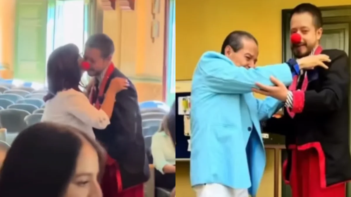Jovem recebe diploma vestido de palhaço para homenagear o trabalho do pai