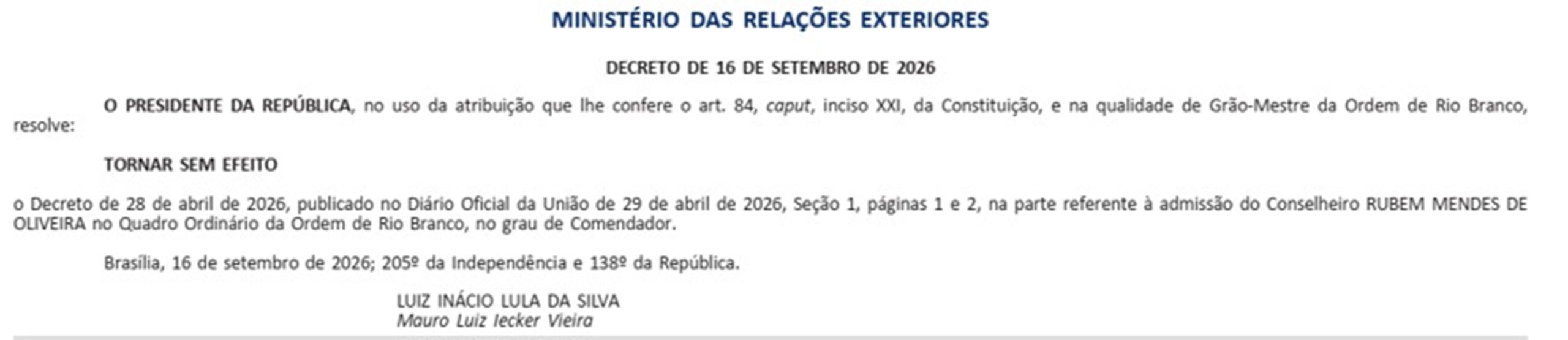 Governo anula alta honraria concedida a diplomata punido por assédio sexual