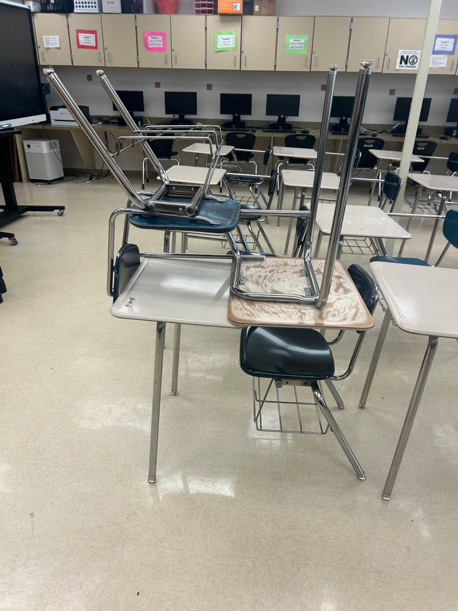 Reclaimed and donated furniture shipped to a western Jamaica school and that are in use in classrooms that were renovated after Hurricane Melissa.
