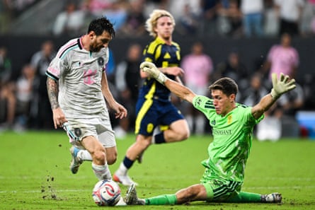 TOPSHOT-FBL-MLS-MIAMI-NASHVILLETOPSHOT - Inter Miami’s Argentine forward #10 Lionel Messi misses a chance to score against Nashville’s US goalkeeper #99 Brian Schwake during a Major League Soccer (MLS) regular season football match between Inter Miami CF and Nashville SC at Nu Stadium in Miami, Florida, on September 12, 2026. (Photo by CHANDAN KHANNA / AFP via Getty Images)