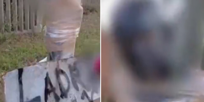 Homem apontado como 'ladr&atilde;o' por moradores foi amarrado em poste, enrolado em fitas adesivas e teve o rosto pintado Foto: Reprodu&ccedil;&atilde;o