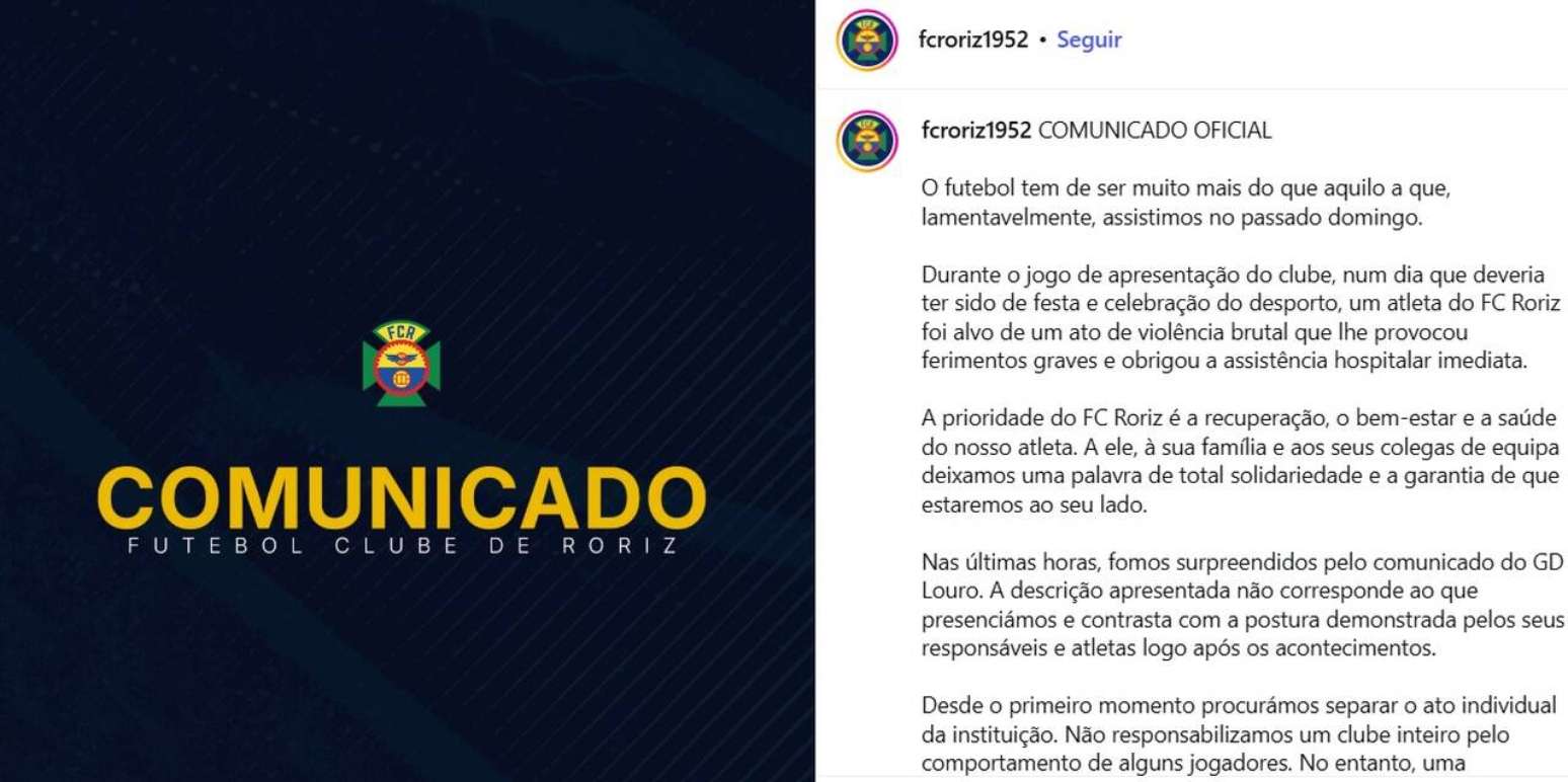Comunicado do Roriz ap&oacute;s um de seus jogadores ser agredido brutalmente -