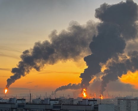 Plumes of smoke rise from fires at an oil refinery in Moscow, Russia