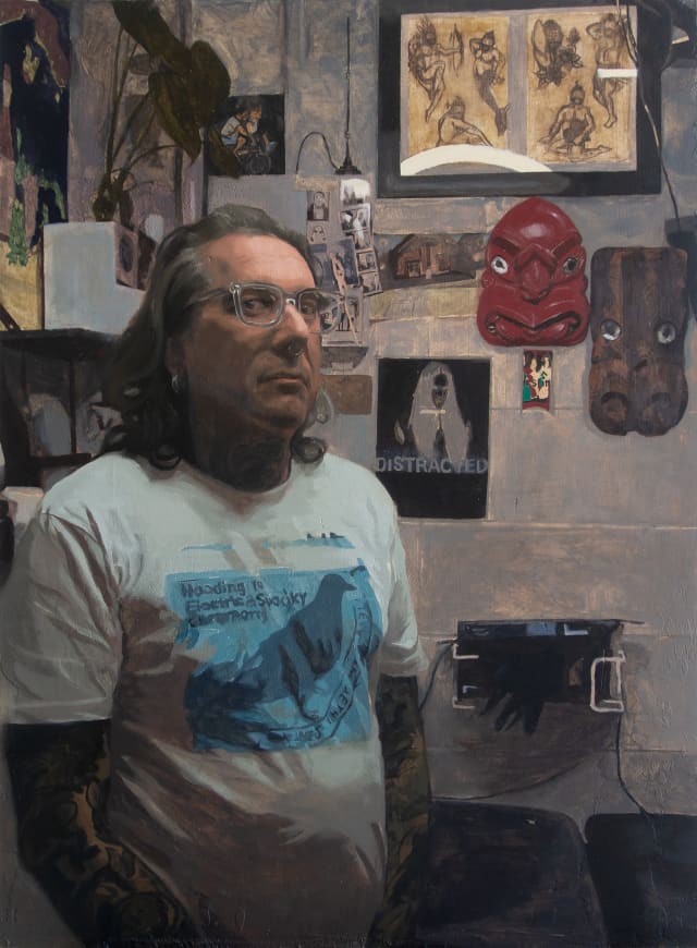 Solomon Tāmehana (detail), the 2026 Adam Portraiture Award-winning painting by Duncan Pepe Long.