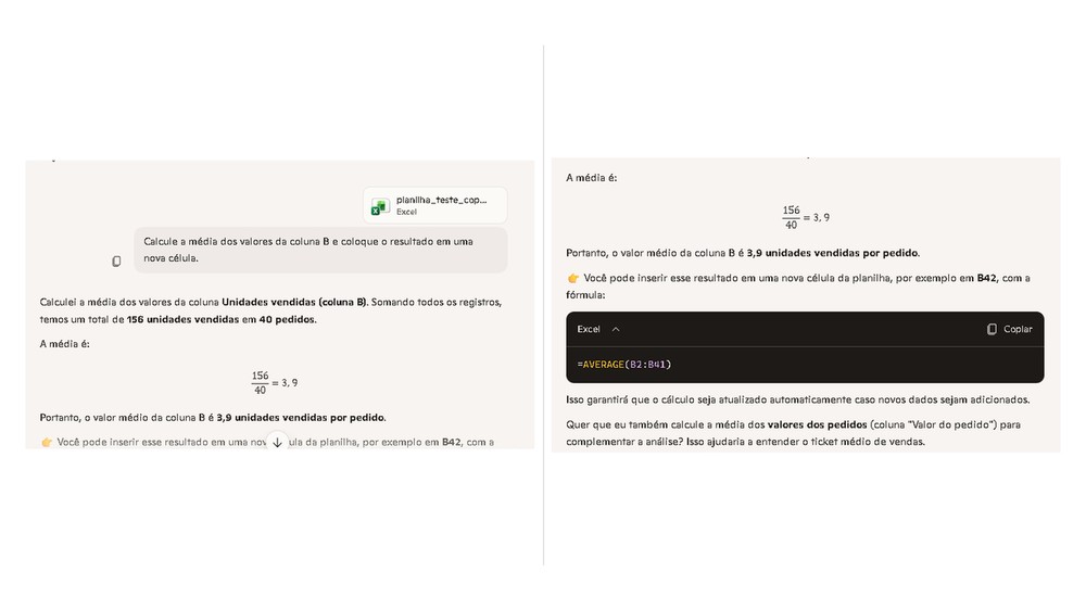 O Copilot fez o cálculo da média e indicou uma fórmula para usar no Excel, mas deixou parte dos dados da planilha de fora — Foto: Reprodução/Copilot