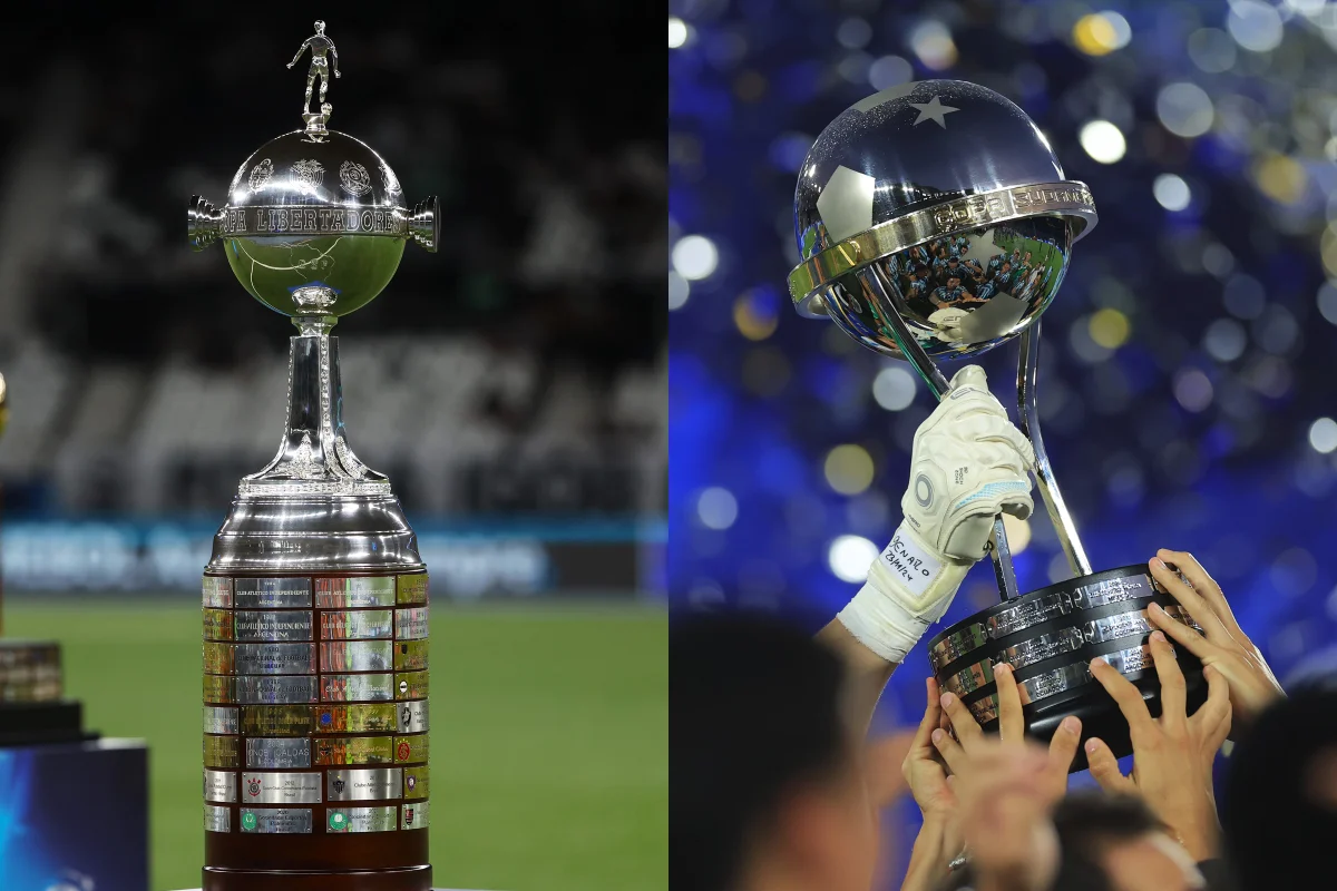 Foto colorida de troféus da Libertadores e Sul-Americana - Metrópoles