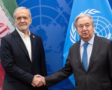 Iran’s president Masoud Pezeshkian, left, with UN secretary general António Guterres at the UN general assembly in New York on Friday.