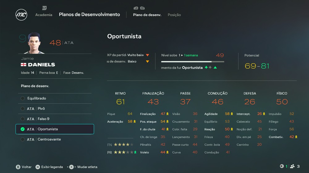 É importante definir Focos de Desenvolvimento para os atletas no EA FC 26 — Foto: Reprodução/Luccas Melo