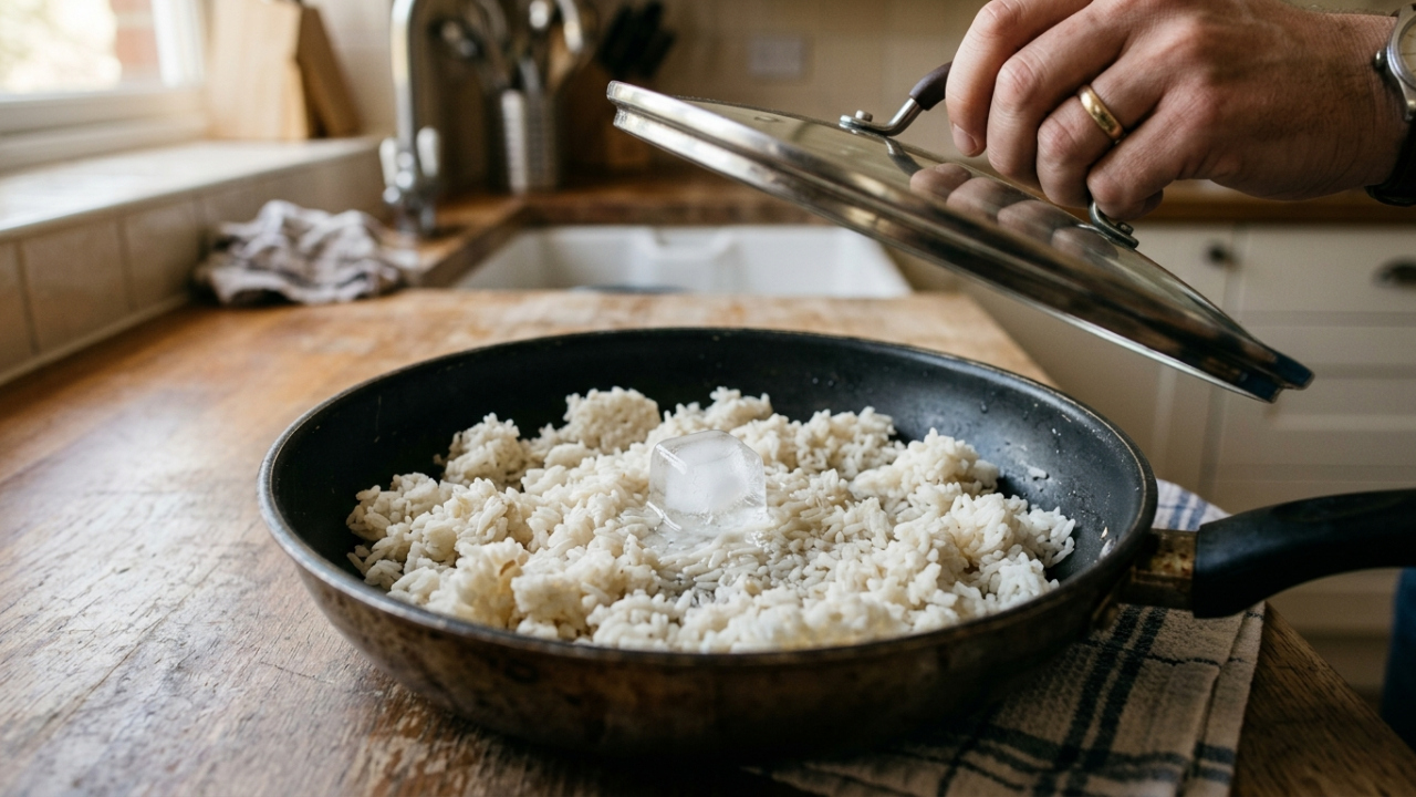 Colocar uma pedra de gelo na frigideira antes de reaquecer arroz: para que serve e por que a técnica funciona