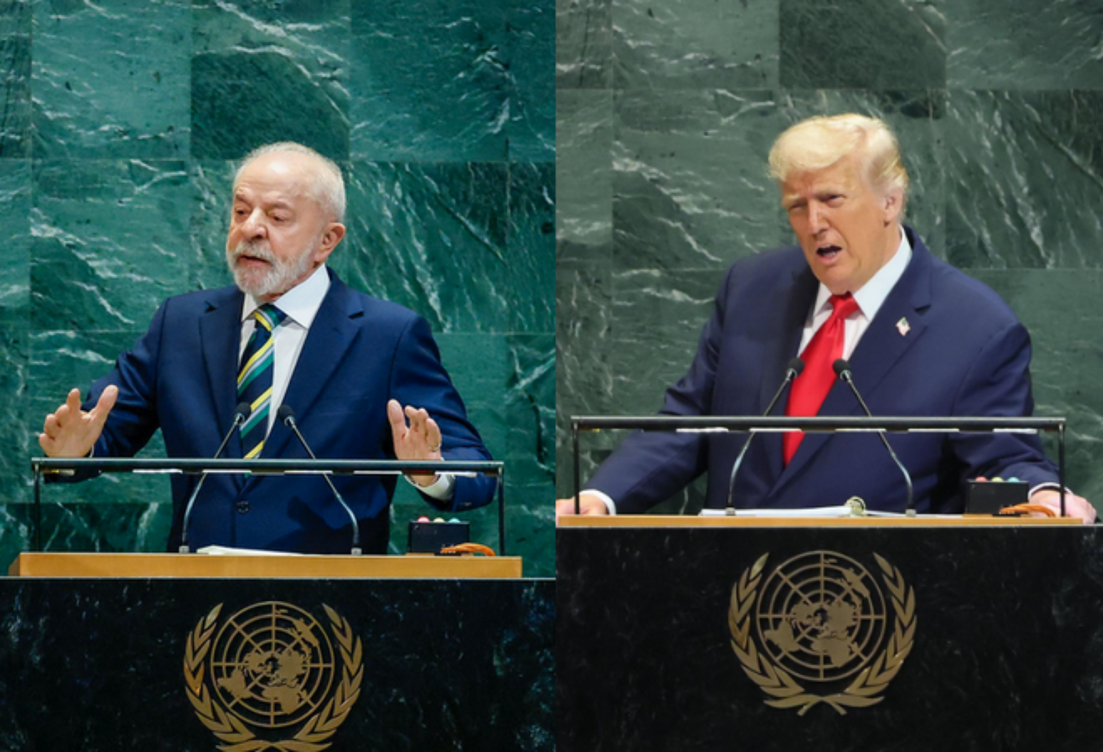 Montagem com fotos de Lula e Donald Trump na Assembleia Geral da ONU em 2025