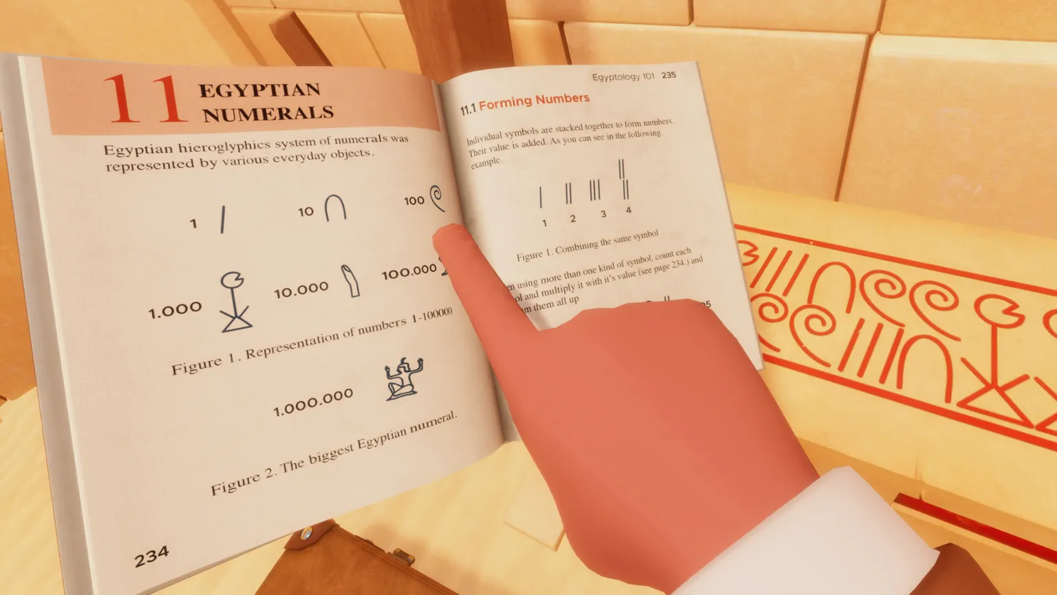 Pine Studio A character points at a book of Egyptian Numerals