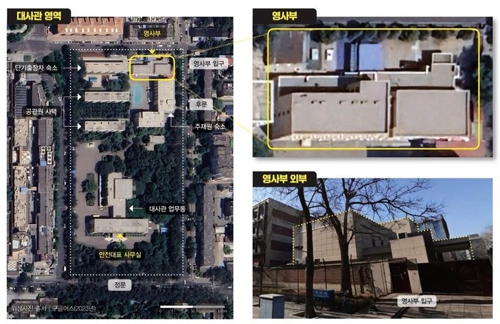 This photo compilation, provided by the Transitional Justice Working Group (TJWG) on Tuesday, shows the suspected location of North Korea's secret detention facility inside its embassy in Beijing. Yonhap
