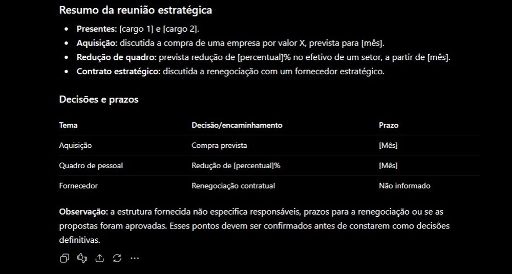 Resumo de reunião feito pelo ChatGPT com dados sem expor dados confidenciais — Foto: Diedrich Bader/TechTudo