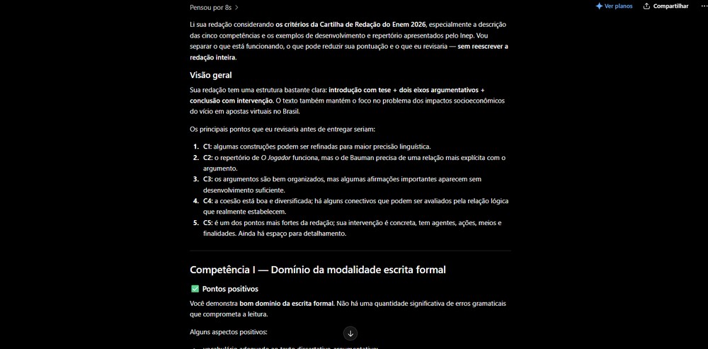 a IA retorna uma análise separada por competência — Foto: TechTudo/Késya Holanda