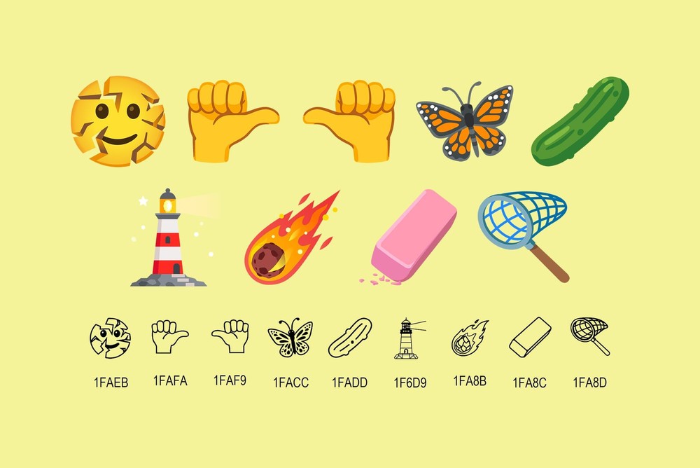 Picles, meteoro e rosto rachado estão entre os novos emojis — Foto: Reprodução/Emojipedia