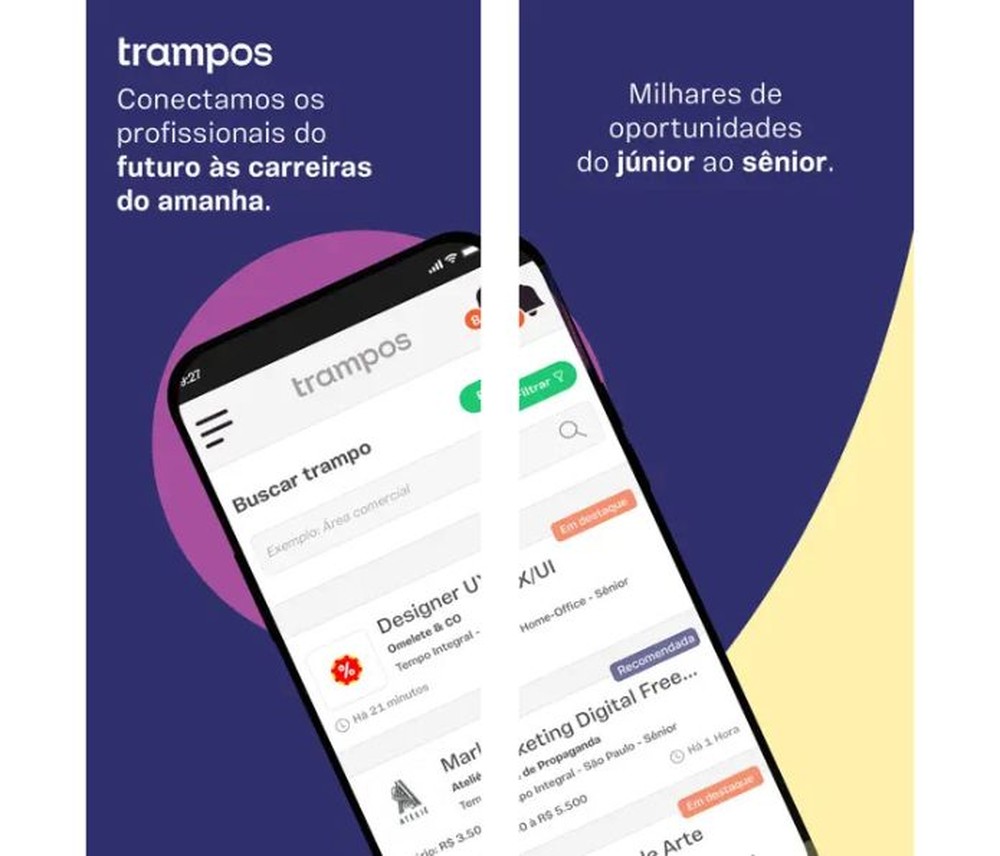 Trampos.com tem foco em oportunidades nas áreas de tecnologia, design, dados, marketing, publicidade, produto, vendas e atendimento — Foto: Reprodução/App Store
