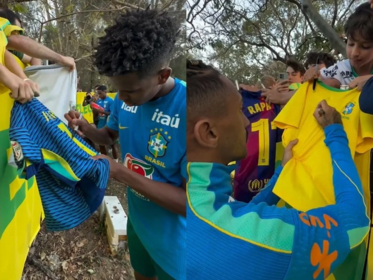 Jogadores da Seleção Brasileira distribuem fotos e autógrafos após treino