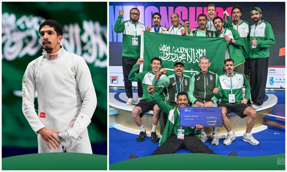 O portador da bandeira saudita Khalifah Al-Omairi mira na medalha dos Jogos Asiáticos no caminho para Los Angeles