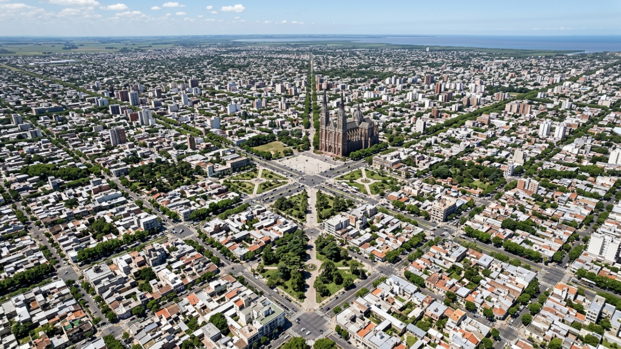 Vista do alto, uma cidade argentina revela um quadrado planejado no século XIX com diagonais em cruz e losango e uma rede de 20 praças