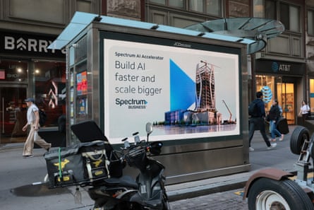 An AI ad is displayed near the New York Stock Exchange on 14 September 2026 in New York City.
