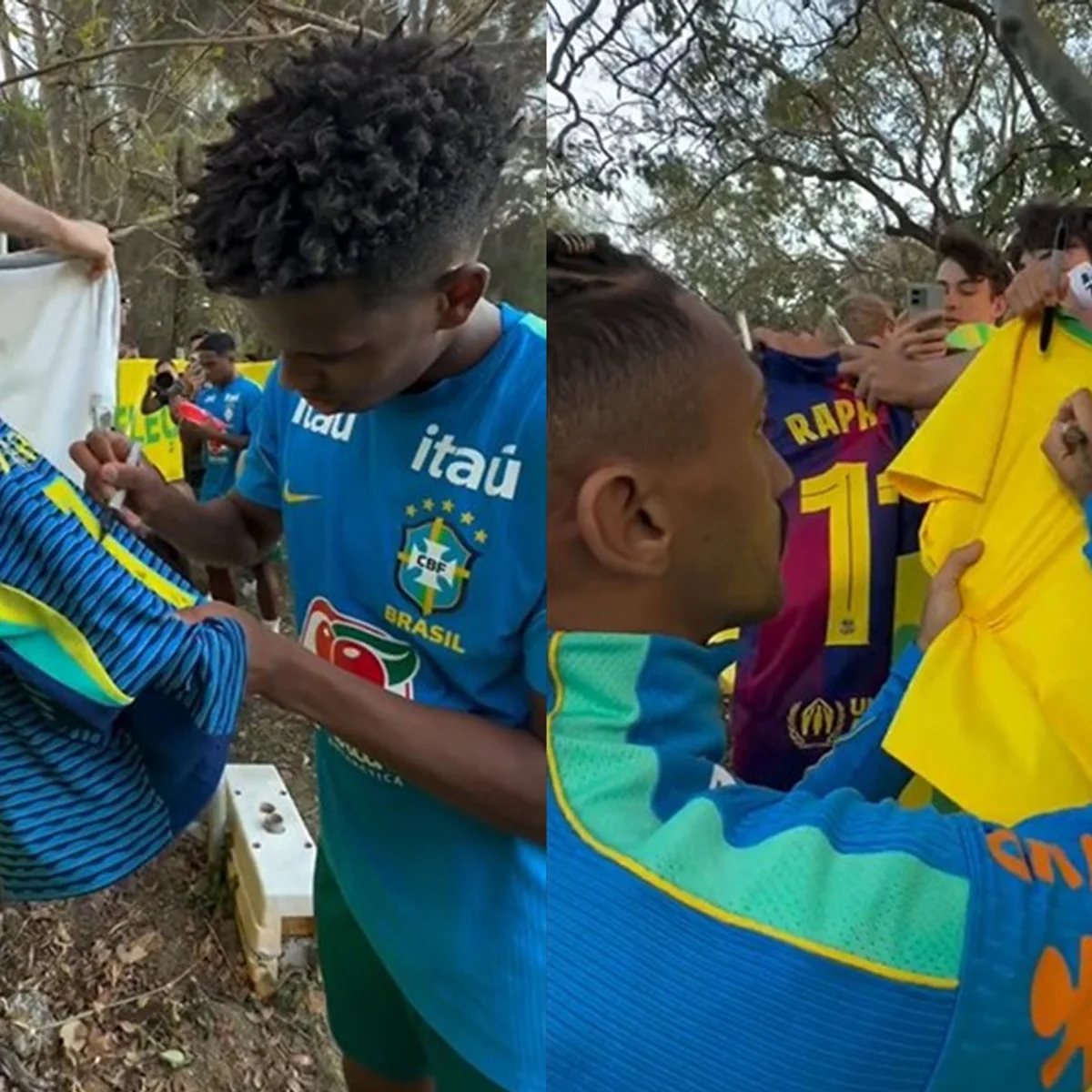 Jogadores da Seleção Brasileira distribuem fotos e autógrafos após treino