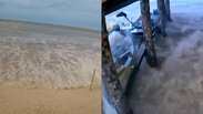 C&acirc;mera registra avan&ccedil;o repentino do mar que destruiu barcos e invadiu restaurante em SC
