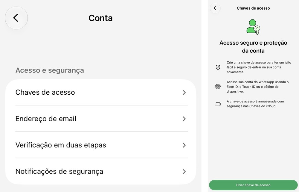 Chaves de acesso e Verificação em duas etapas aparecem separadas nas configurações; a passkey usa a proteção do próprio aparelho — Foto: Reprodução/WhatsApp