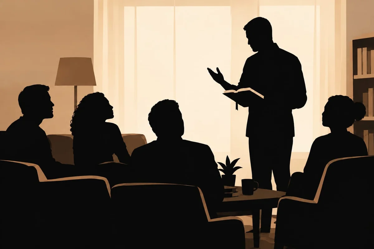 imagem colorida mostra ilustração com grupo de pessoas reunidas em uma sala. um homem segura um livro aberto em pé e os demais olham para ele.