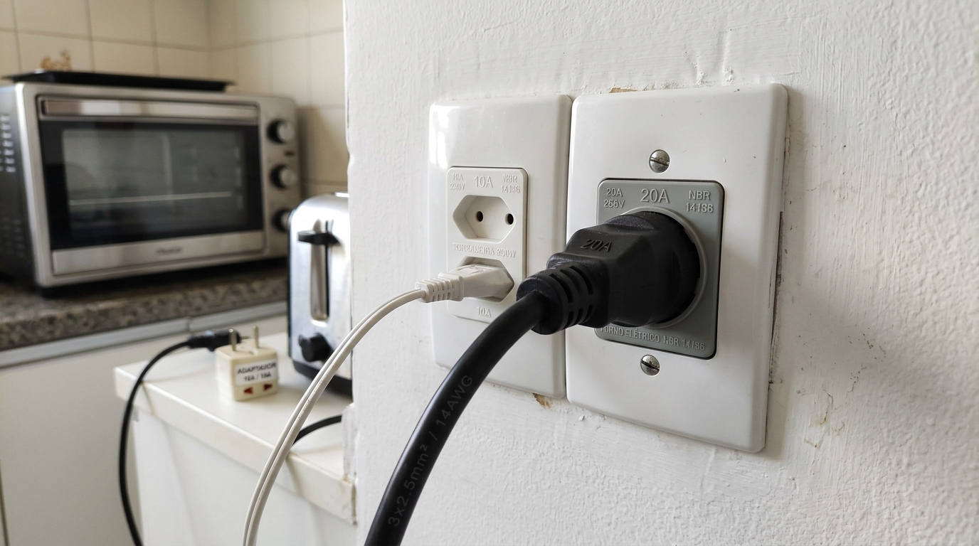O pino mais grosso da tomada tem motivo: plugue de 20 ampères tem pinos de 4,8 milímetros e não entra na tomada de 10 ampères, que usa pinos de 4 milímetros, e forçar com adaptador ligando ar-condicionado ou micro-ondas é o que faz a tomada esquentar