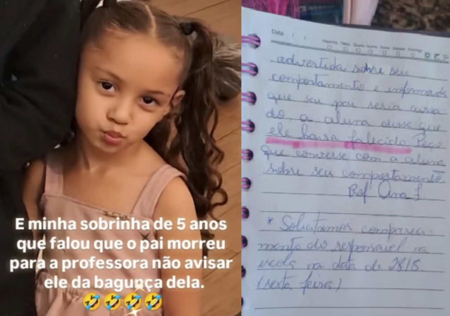 Menina inventa morte do pai para evitar que professora comunique bagun&ccedil;a em sala de aula e viraliza na web