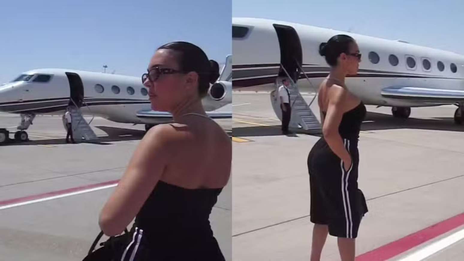 Georgina Rodr&iacute;guez em frente ao jatinho da fam&iacute;lia, uma Bombardier Global Express XRS